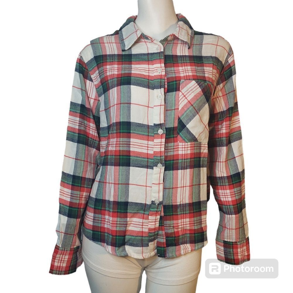 NWT Womans Aerie White/Red/Green Plaid Flannel Pajama Top